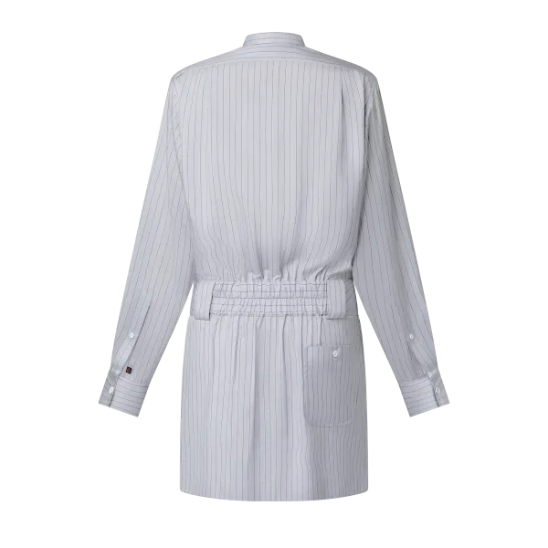 Collarless Pinstripe Silk Shirt Dress