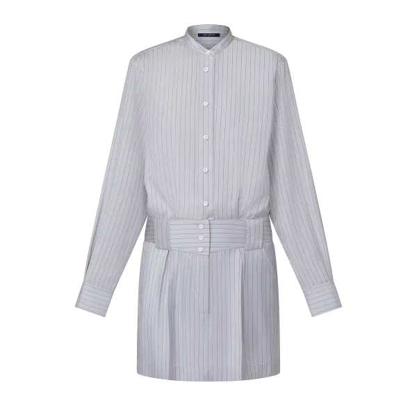 Collarless Pinstripe Silk Shirt Dress