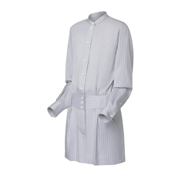 Collarless Pinstripe Silk Shirt Dress