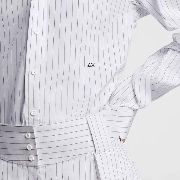 Collarless Pinstripe Silk Shirt