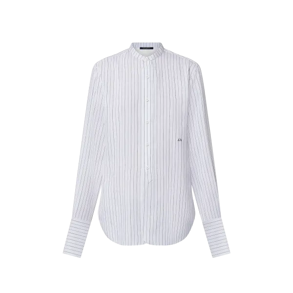 Collarless Pinstripe Silk Shirt