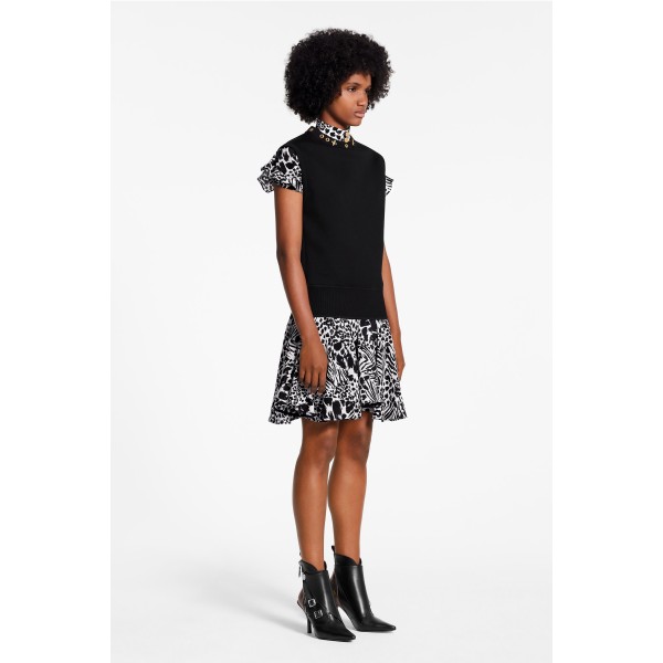 Bifabric Sleeveless Dress With Monogram Flower Eyelets