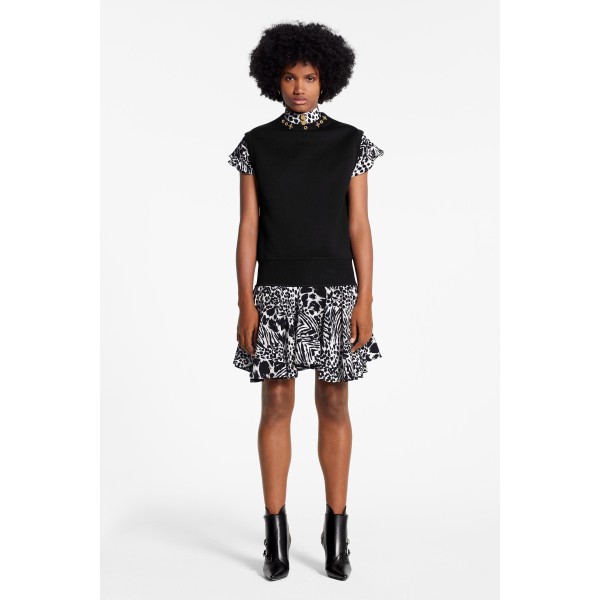 Bifabric Sleeveless Dress With Monogram Flower Eyelets