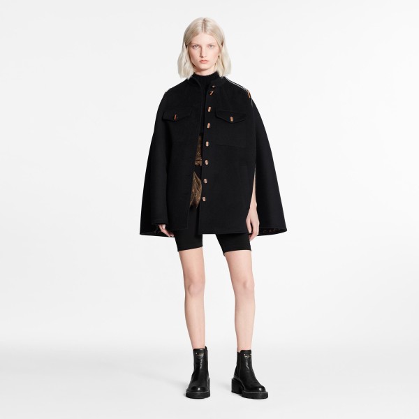 Black And Ochre Monogram Cape Coat In Wool And Silk