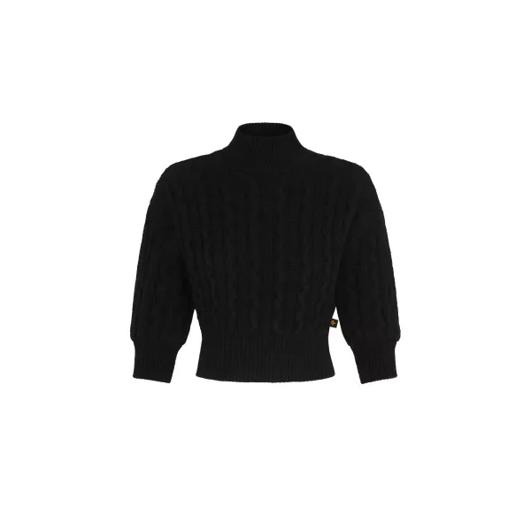 Cropped Cashmere Mock-Neck With Puff Sleeves