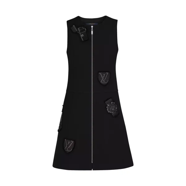 Sleeveless Zipped A-Line Dress With Embroidered Patches